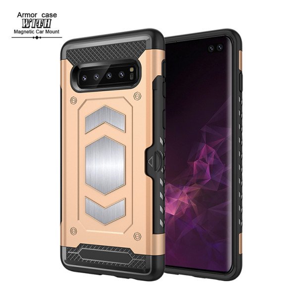 Wholesale Galaxy S10e Metallic Plate Case Work with Magnetic Holder and Card Slot (Champagne Gold)